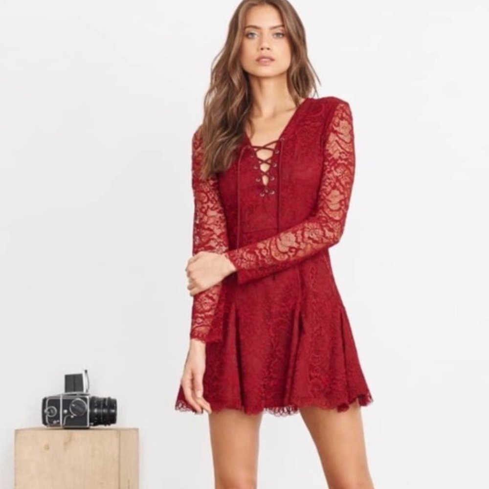 Lovers + Friends Mercury Lace Dress Long Sleeve Cranberry Red Size S